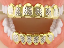 Grillz Gold Silver Two Tone Diamond Cut 6 Teeth Top+ Bottom Hip Hop Dental Grill