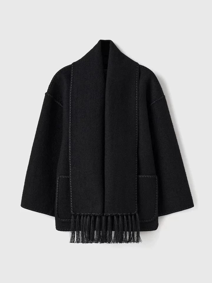 Toteme Mujer Negro Lana Borla Bufanda Babero Hombro Abrigo Doble Cara Foto 4 de 4