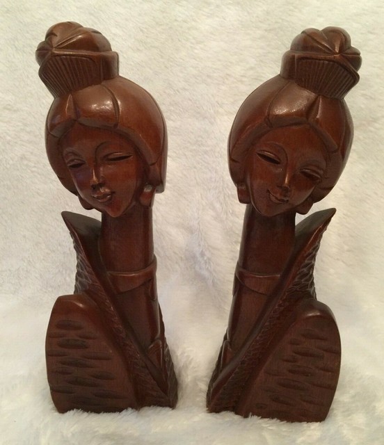 Vintage Hand Carved Wooden Asian Oriental Figurines Bookends MidCentury Modern eBay