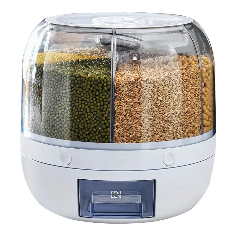 Distributeur de riz rotatif 360° étanche avec bouton doseur automatique et pot scellé 6 bacs
