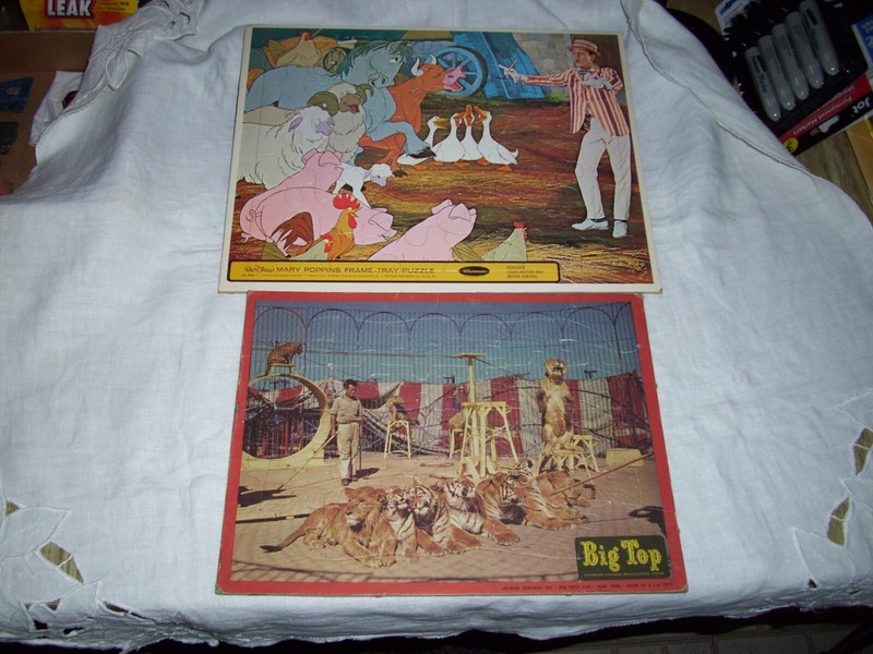 Vintage 1960's frame tray puzzles, Mary Poppins and Big Top,compressed paper era