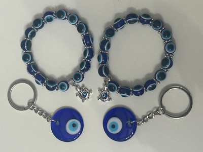 Set of 4 Evil Eye Bracelt & Evil Eye Keyring (Blue evil Eye Bead) Accessory Free