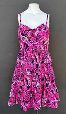 Lilly Pulitzer Adalia Dress Sz 12 Flirty Fins Feathers Low Tide Navy Cotton NEW