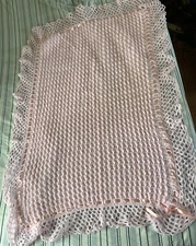 Handmade Pink Crocheted Baby Blanket Afghan w  Ribbon Trim 41 x 50”