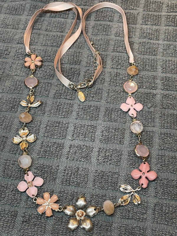 Ann Taylor Necklace Pink Rhinestones and Beads with Ribbon 32"
