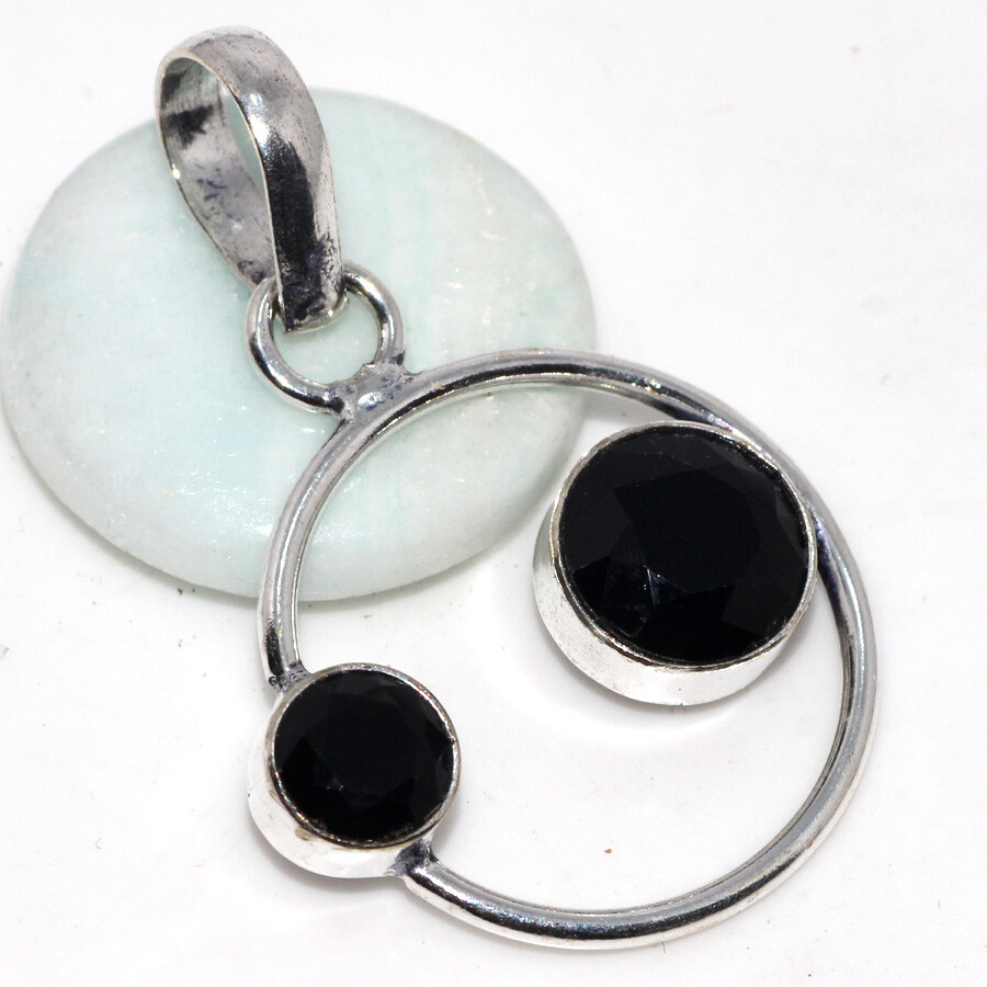 925 Silver Plated-Black Onyx Ethnic Gemstone Handmade Pendant Jewelry 1.5