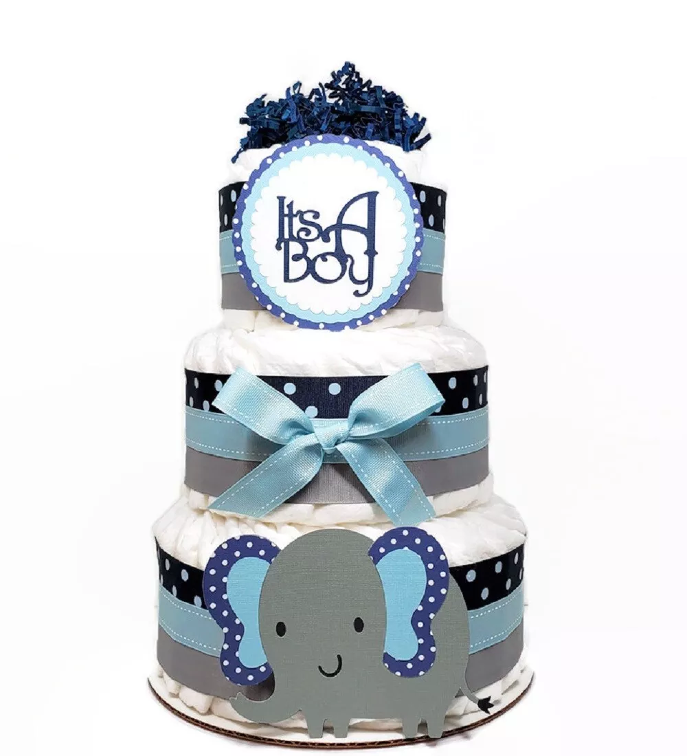 Baby Boy Elephant Diaper Cake Navy Light Blue Gray Polka Dot