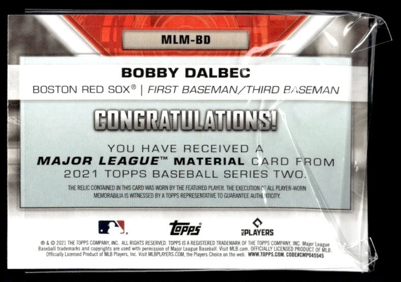 2021 Topps Series 2 Major League Material Relics Bobby Dalbec RC Boston Red Sox - Image 2 of 2