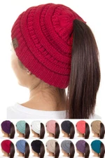 C.C BeanieTail Soft Stretch Cable Knit Messy High Bun Ponytail CC Beanie Hat Cap