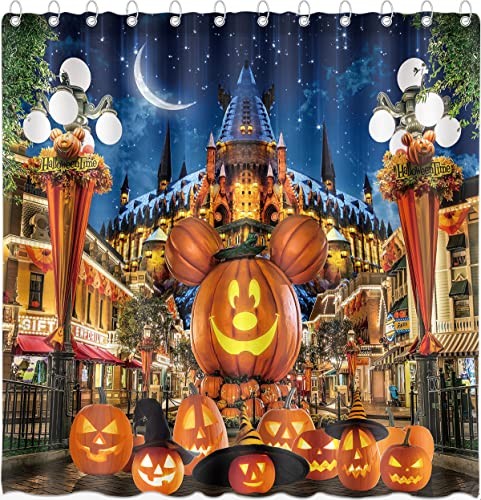 Halloween Shower Curtain for Bathroom Kids Cartoon Pumpkin Wizard hat 72" x 72"