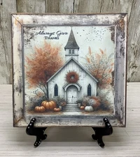 New Fall Rustic Always Give Thanks Church Sign W/ Coordinating Bow & Easel 7”