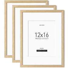 12x16 Frame with Mat for 8.5x11 set of 3, Solid Oak Wood 12x16 Picture Frame ...