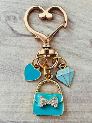 Turquoise Blue Heart Diamond Gold Swivel Key Chain Backpack Tag Purse Charm RTS
