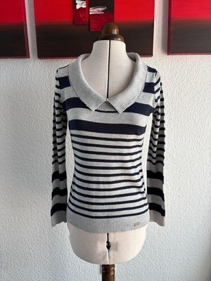 ღ Mango Basics MNG Feinstrick-Pullover Streifen Marine Grau Gr. 34 XS Wollanteil