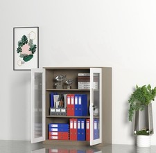 LOCKABLE METAL STORAGE CABINET WITH GLASS DOORS