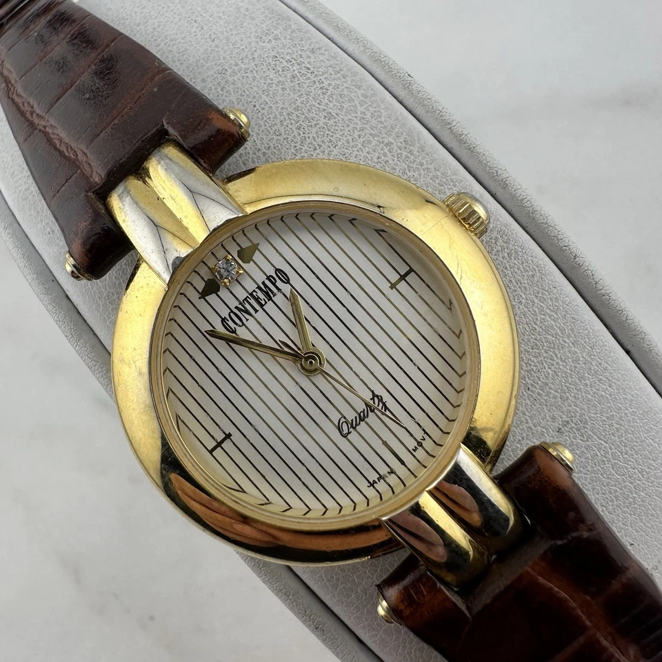 Reloj Mujer Vintage Cuadrante Rayas Contempo Tono Dorado 30mm, Batería Nueva Instalada Foto 2 de 4