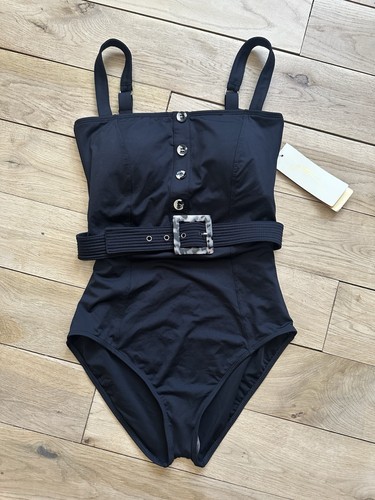 NEW Gottex Cruise Black Belted Swimsuit Faux Button Boned UK 14