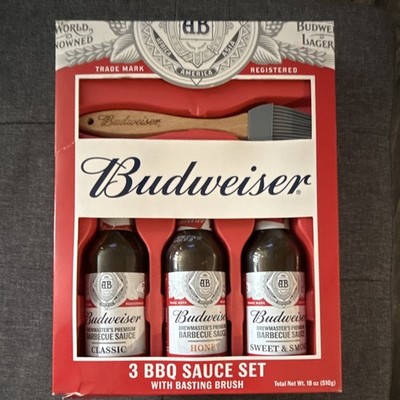 Budweiser BBQ Sauce Set 3 Bottles Classic Honey Sweet & Smoky + Brush 18oz
