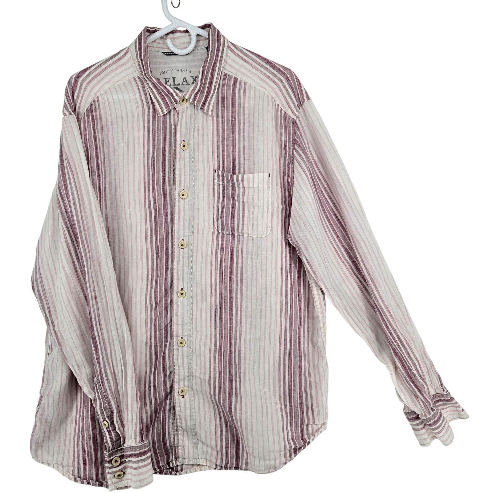 Tommy Bahama Shirt Mens XL Purple White Stripe Relax Linen Long Sleeve Button Up