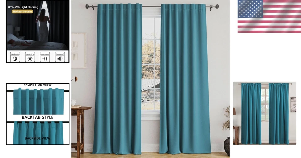 Rod Pocket Blackout Curtains - 52x84", Turquoise 2 Panel - Image 2 of 4