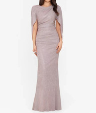 Betsy & Adam Drape-Back Metallic Gown Cape Sleeve Evening Gown Size 8 NEW