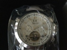 NEU CALVEANO 1583 AUTOMATIK HERRENARMBANDUHR CHROM WEIß LEDERARMBAND