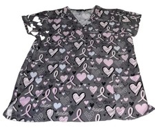 Cassandra O Scrub Large Multicolor Hope Heart Ribbon Print Short Sleeve Pockets