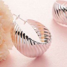 Pretty New Bold Shiny Silver Plated Diagonal Line Etched Round Hoop Earrings