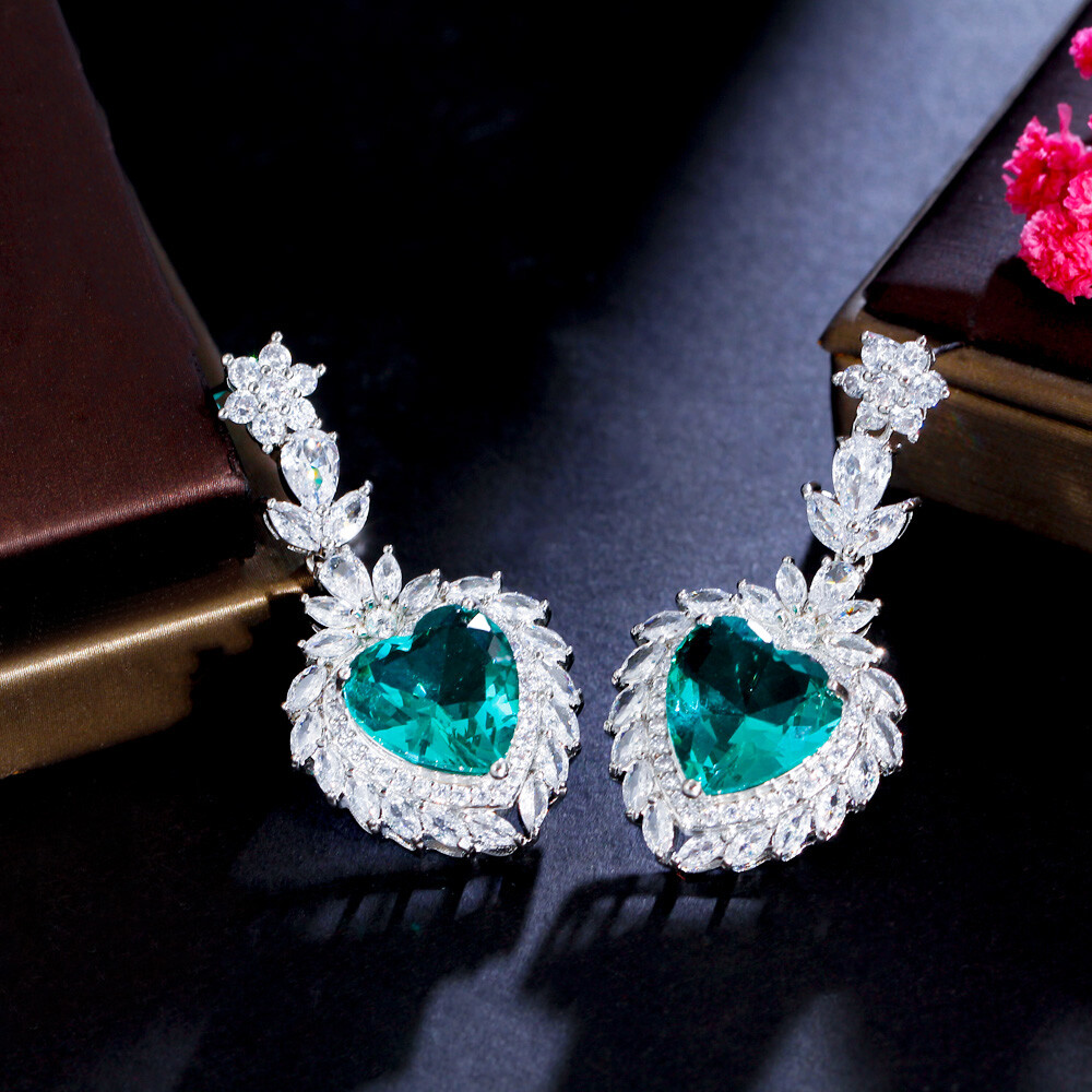 Silver Plated Green Heart CZ Flower Leaf Drop Earrings for Women