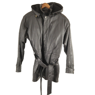 Suzie Fashions CLIK Black Leather Coat Womens Small Belted Fur Lining & Hood NEW