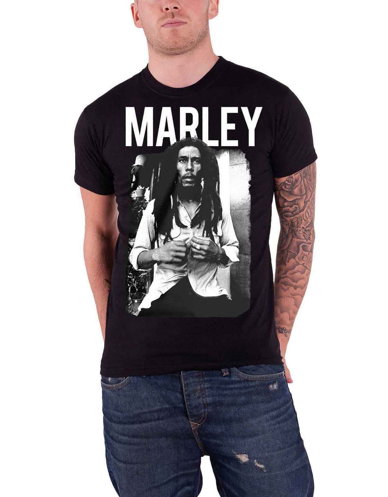 Bob Marley Black and White Rasta Photo Band Logo Official Men’s T-Shirt