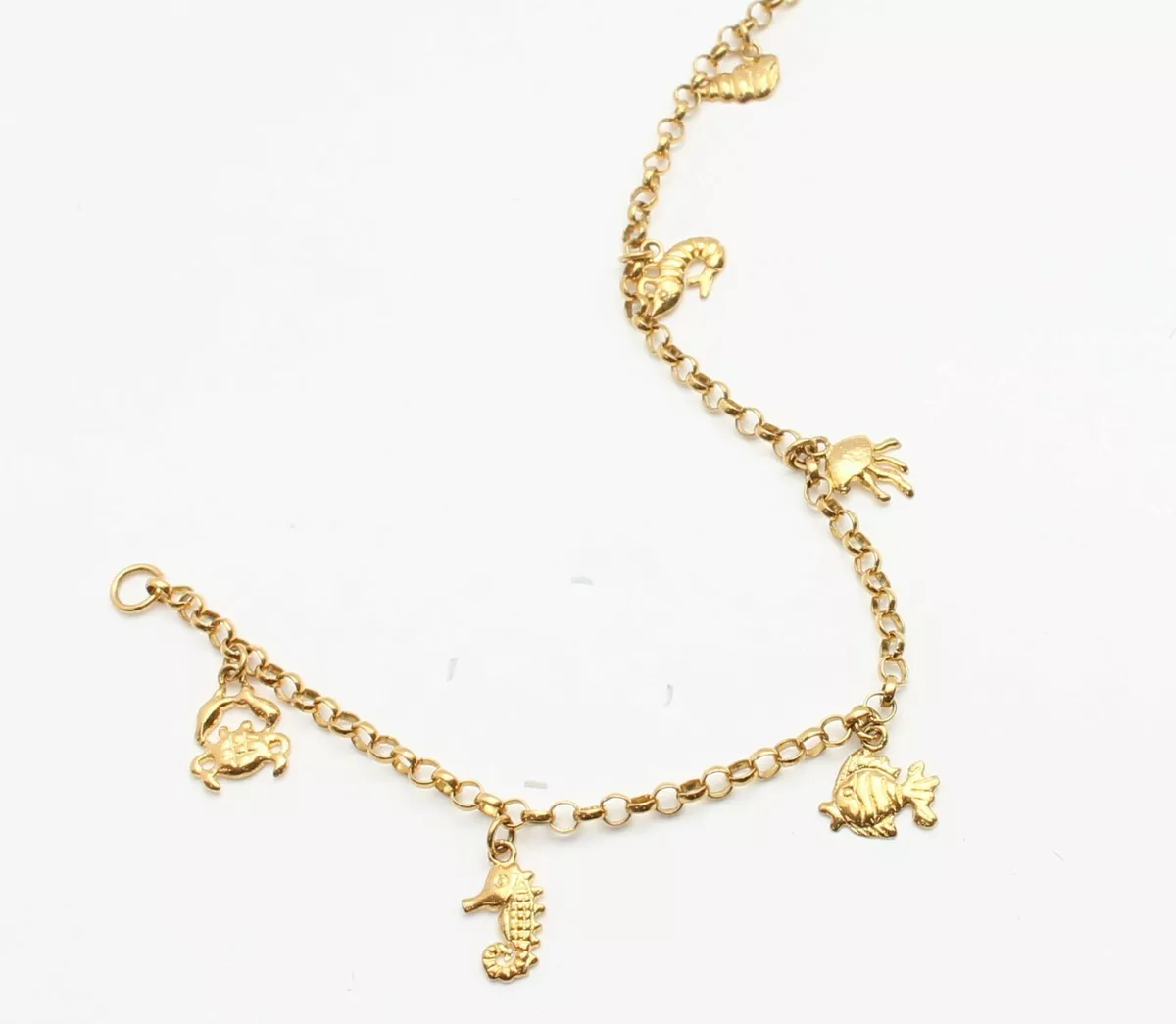 18k gold CHARM BRACELET . SEA HORSE OCTOPUS SEA SHELL CRAB SHRIMP 21