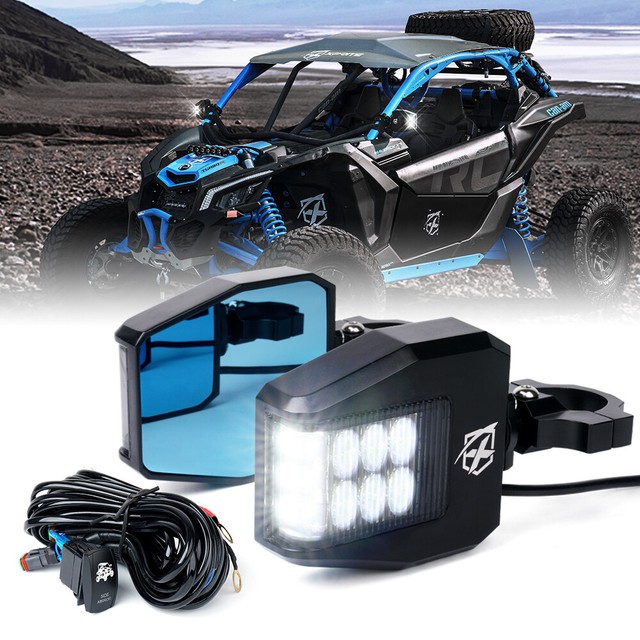 Xprite UTV RZR Rear View Side Mirrors HD W/ LED Spotlights and Blue Antiglare for sale online