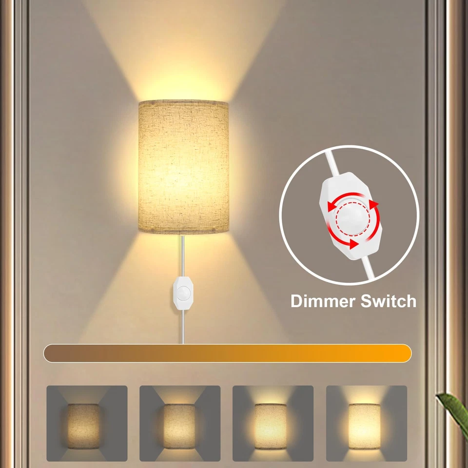 Arandelas de parede plug-in conjunto de duas, luzes de parede de tecido com interruptor liga/desliga, parede... - Imagem 2 de 4