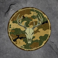 Hunting sticker vinyl decal deer camo background skull antlers hunter rifle