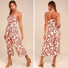 Free People Hot Tropics Cream Print Midi Jumpsuit Red Cream Tropical Floral Sz 0