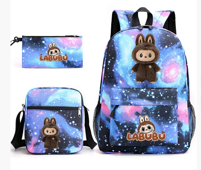 LABUBU 3-piece backpack set: school backpack, shoulder bag, pencil case, blue