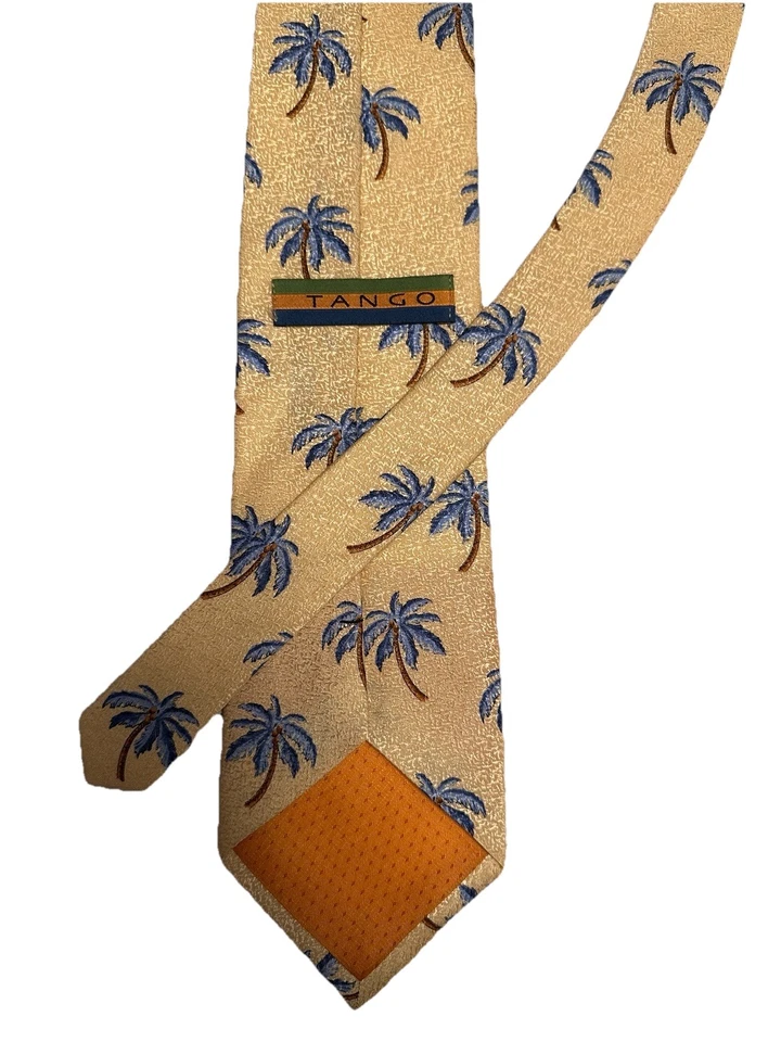 Gravata masculina TANGO 100% seda estampa de palmeira azul bronzeado amarelo 4” - Imagem 3 de 4
