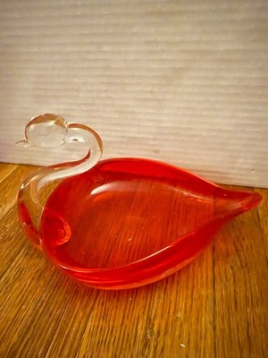 Vintage Ducan Miller Orange Red  & Clear Glass Swan Bird Duck Candy Dish Bowl