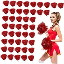 60 Pcs Cheerleading Pom Poms Metallic Foil Cheer Pompoms Bulk with Plastic Red