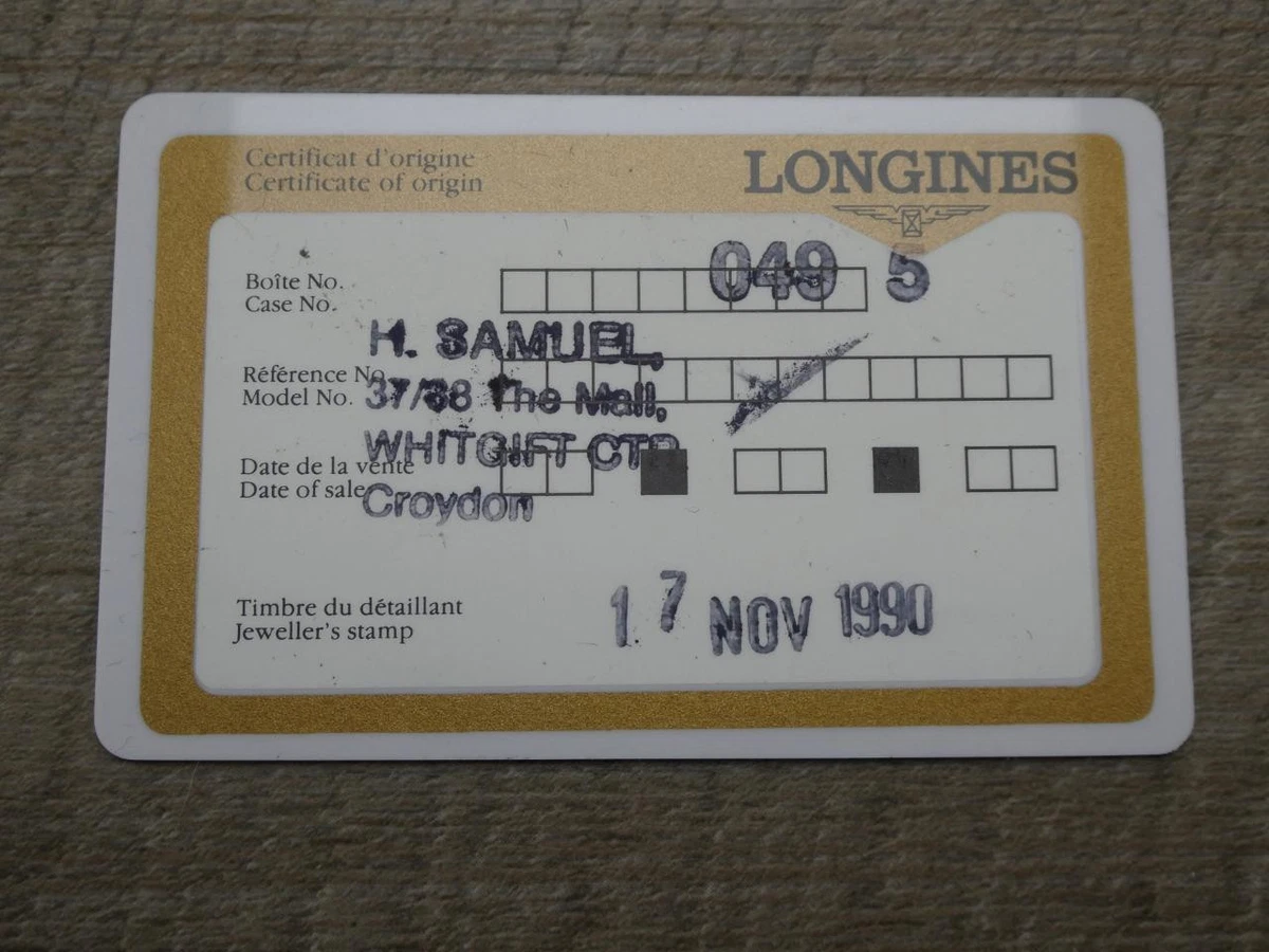 Tarjeta Longines 1990 genuina auténtica vintage en blanco Ref: