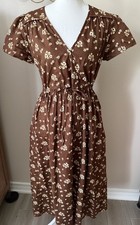 Christy Dawn XS Brown Floral Organic Cotton Wrap Midi Dress Cottagecore