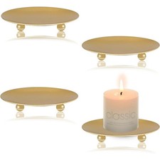 4X Pillar Candle Holders Gold Iron Candle Plate Dish 11cm Retro Candlestick Tray