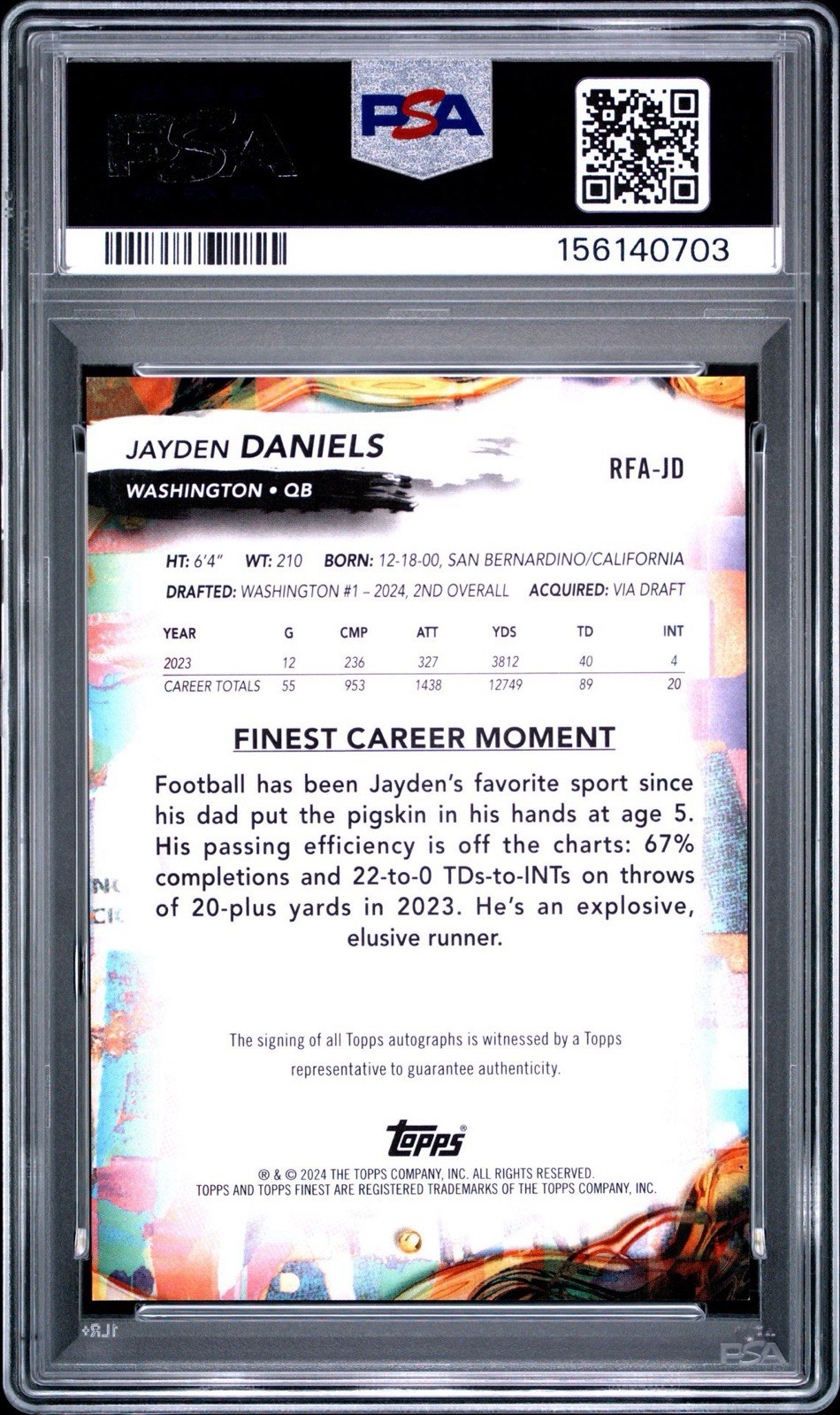 2024 TOPPS FINEST ROOKIE AUTO #RFAJD JAYDEN DANIELS ROOKIE RC PSA 9 view 2