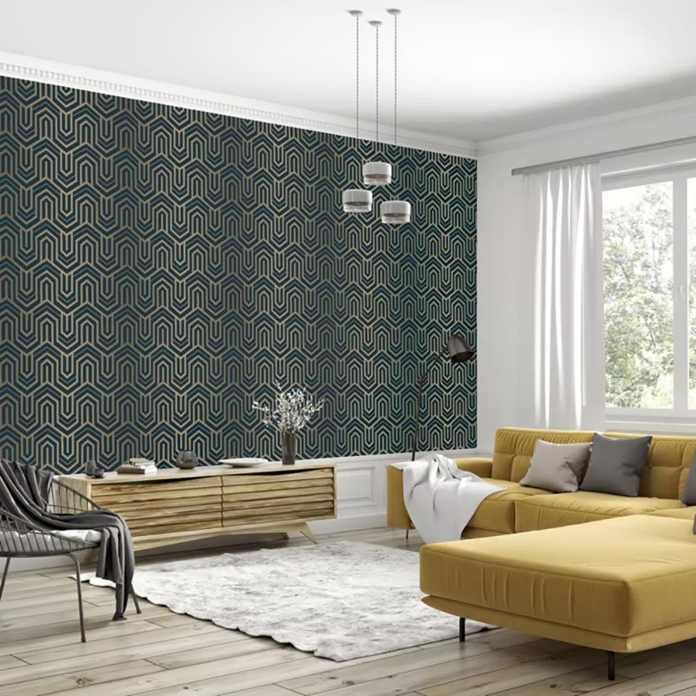 Malah Geometric Wallpaper Blue Gold Art Deco Metallic Vinyl Paste the Wall
