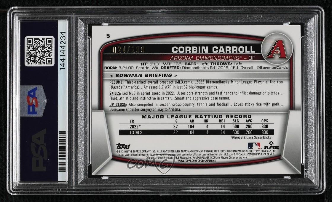 2023 Bowman Chrome Fuchsia Refractor Corbin Carroll PSA 10 GEM MT Rookie RC 12ky view 2