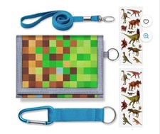 Boys Canvas Trifold Wallet Minecraft Style Incd Lanyard and Dinosaur Stickers