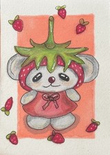 ACEO Original Strawberry Mouse Cute Card | 2.5”x3.5” Line Art By Emily Goddard