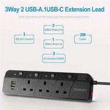 2M Extension Lead with 2 USB Cable Electric Plug Socket UK Main Power 3 Gang Way