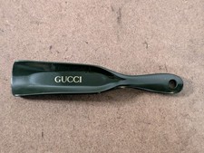 Vintage Dark Green Gucci Shoe Horn Gold Gucci Print Spell Out 7" Hard Plastic